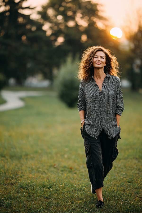 Woman in her late 40s walking peacefully in the park at sunset, enjoying a calm moment outdoors.