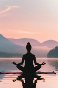 Morning wellness routine ideas — woman practicing mindfulness and calm breathing in soft morning lightover calm water