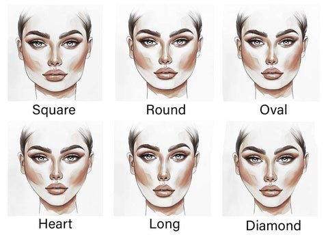 Face shape chart with oval, round, heart, square and diamond silhouettes to choose stud earrings