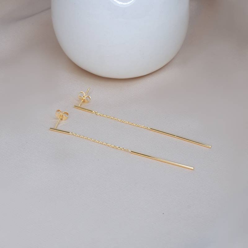 Minimalist bar chain stud earrings in warm gold