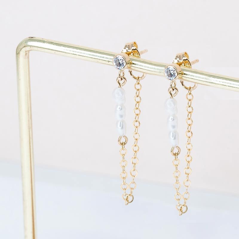 CZ and pearl chain earrings for layered ear styling