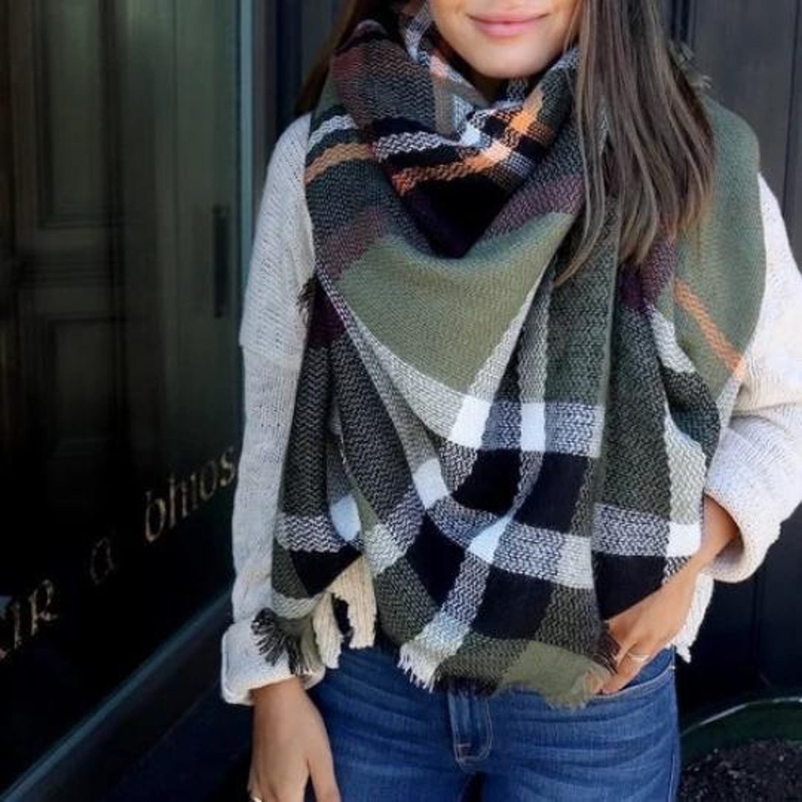 Olive black plaid cozy scarf accessory