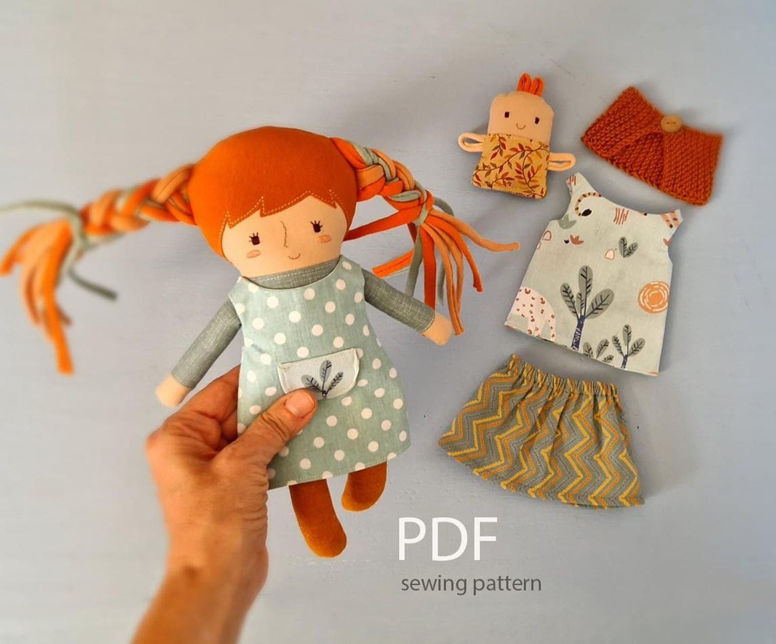 Rag doll sewing pattern with removable clothes – handmade fabric doll that develops fine motor skills, dressing practice, and imaginative play for children