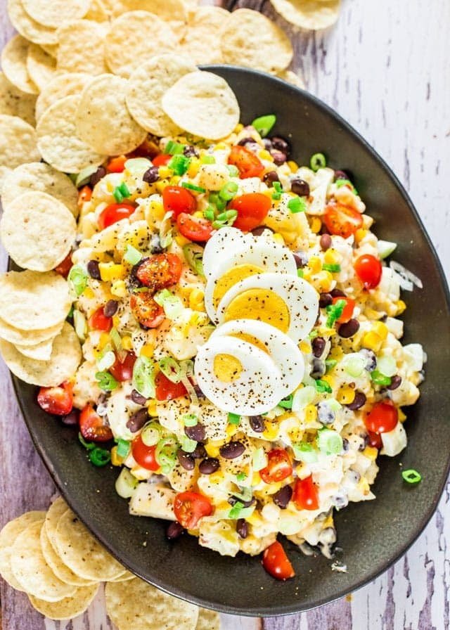 Tex-Mex potato salad with beans, corn, and tomatoes