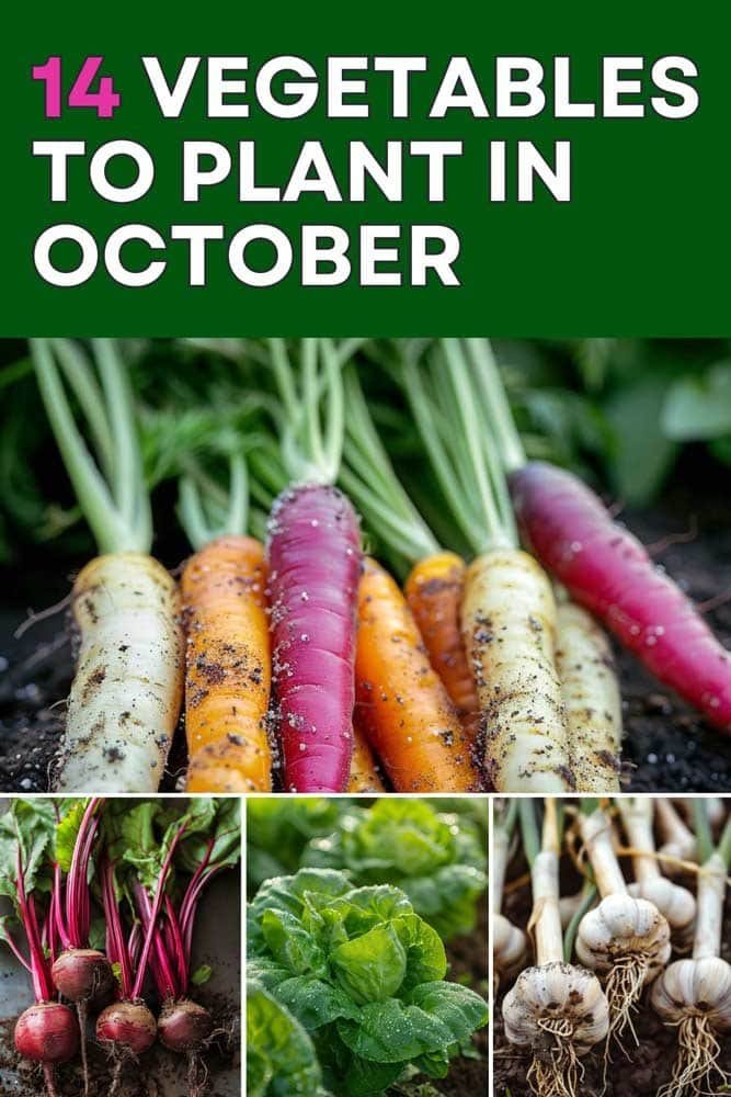 14 vegetables to plant in October – colorful fall garden vegetables like carrots, kale, beets, and garlic freshly harvested from rich autumn soil.