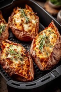 Golden stuffed sweet potatoes with melted cheese and fresh rosemary, served warm for an easy homemade dinner