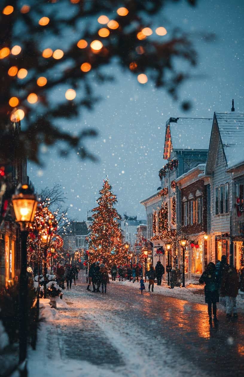 Snowy American Christmas town street at dusk with festive lights