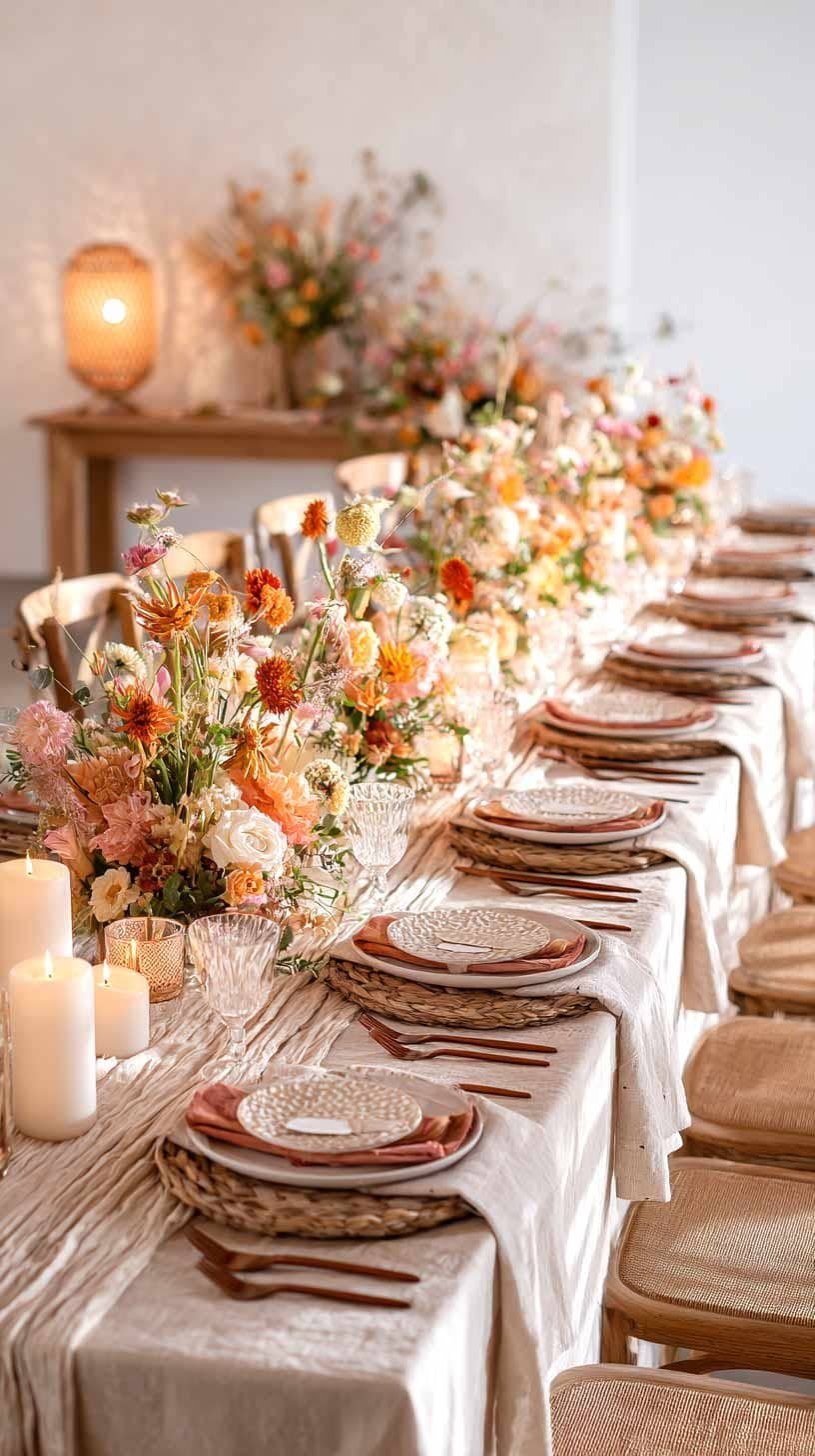Elegant long dining table with linen tablecloth, floral centerpieces, and soft neutral tones.