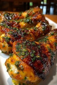 Juicy baked chicken drumsticks glazed with herbs, garlic, and golden crispy skin on a white plate