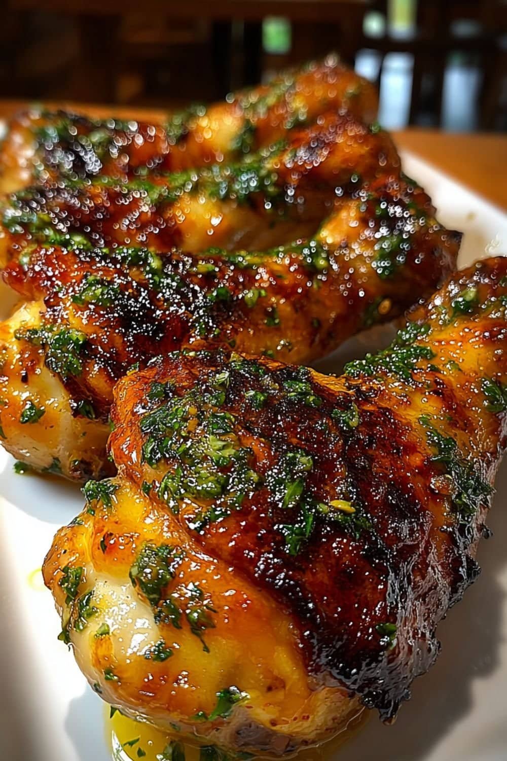Baked chicken drumsticks with crispy golden skin, coated in garlic butter and herbs, served hot and juicy on a white plate