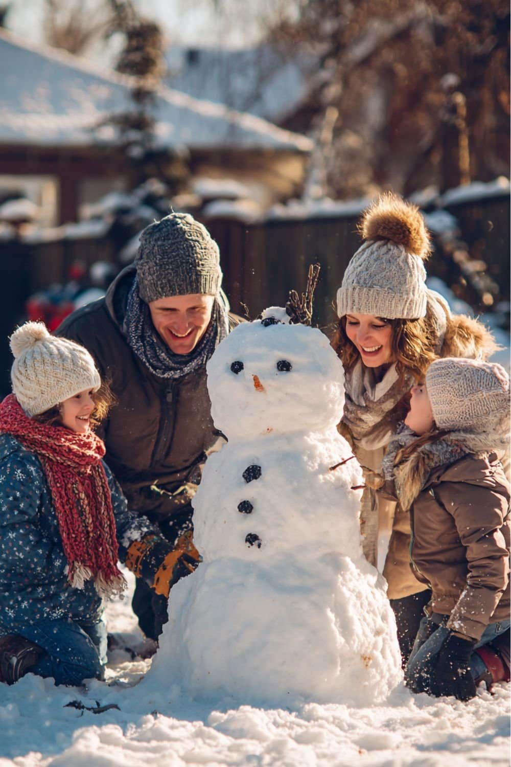 Happy family building a snowman together in the backyard on a sunny winter day