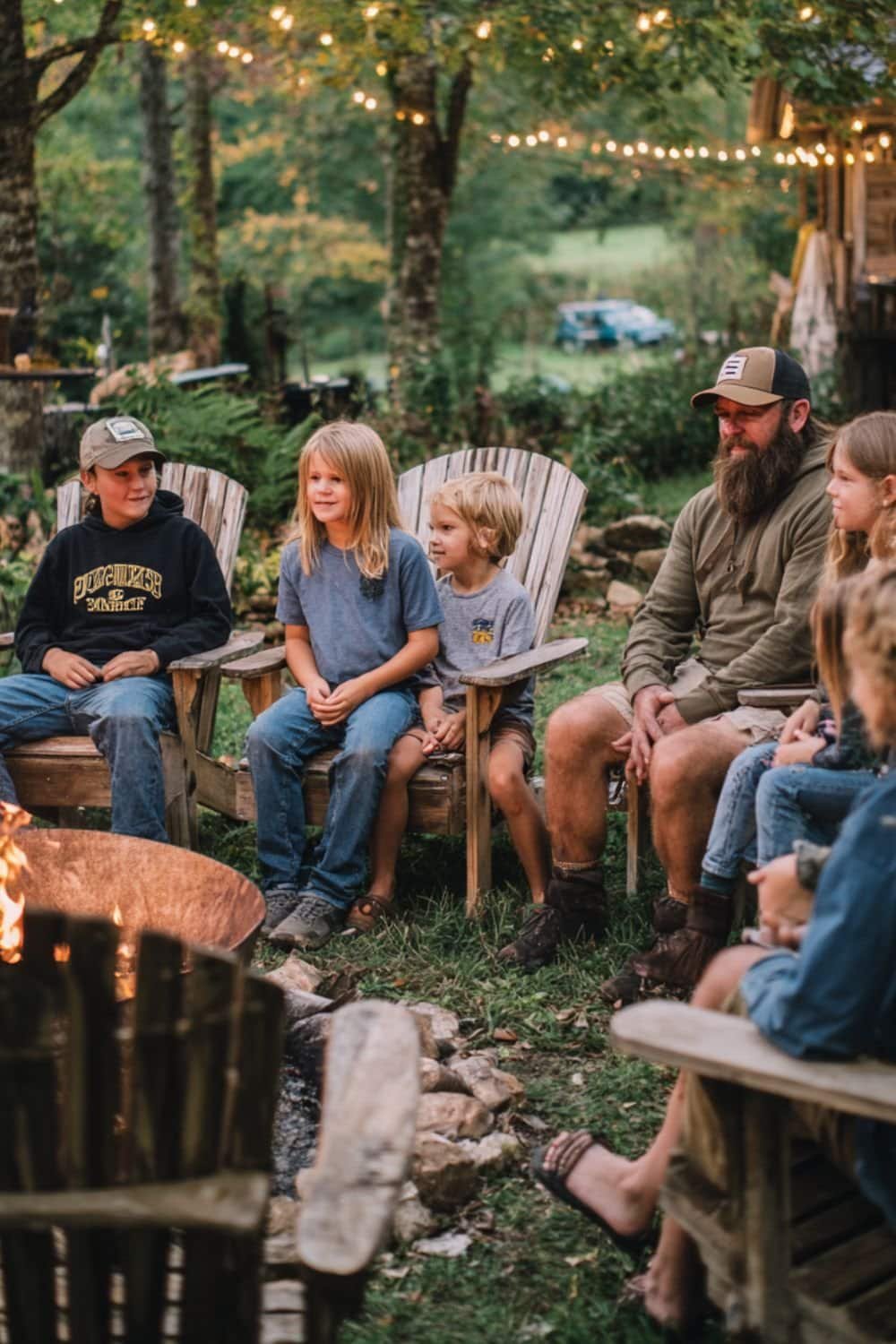 Family sitting around a cozy bonfire during an evening camping trip under the stars
