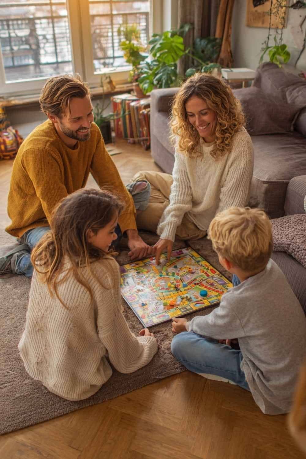 Smiling family playing a colorful board game together in a cozy living room