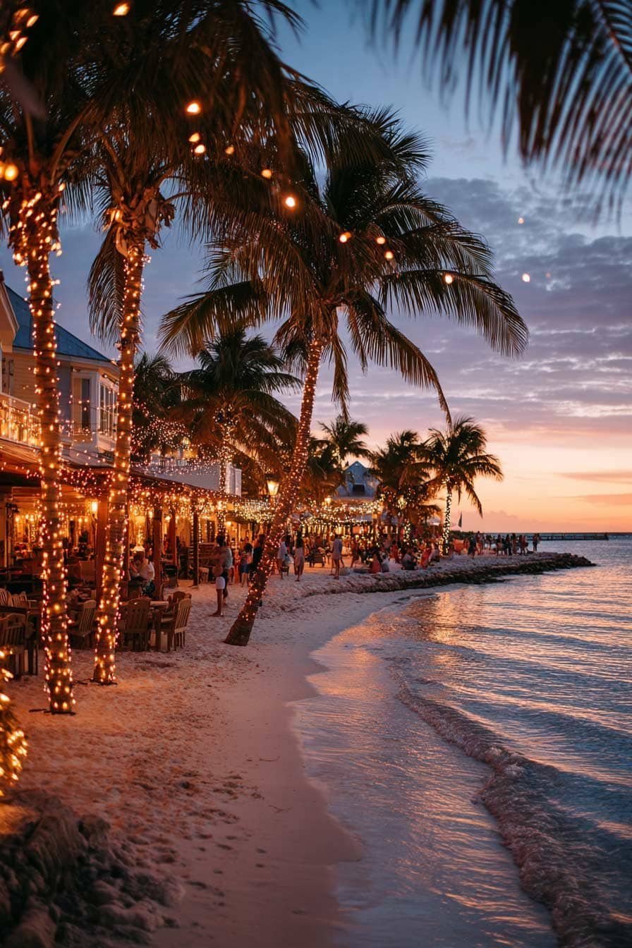 Palm trees wrapped in Christmas lights on a beach in Key West, Florida