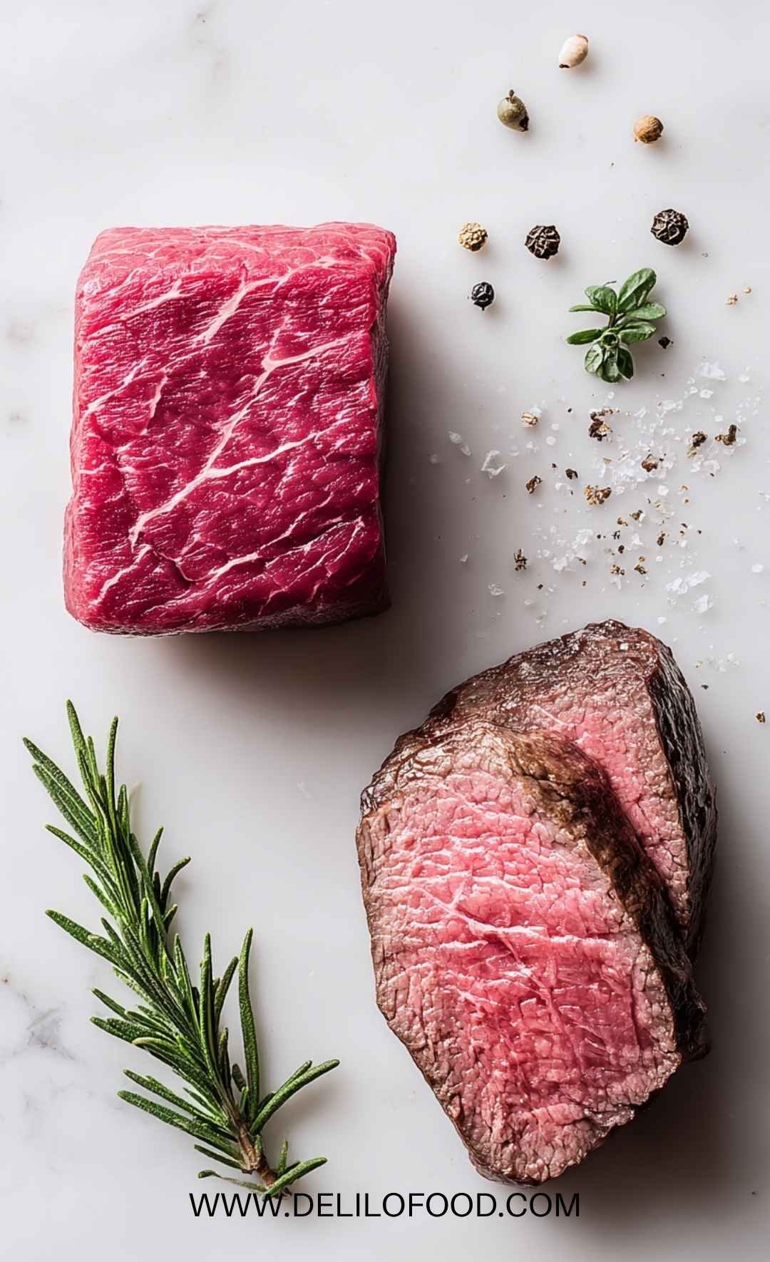 Raw and medium-rare steak cuts side by side with seasoning and herbs — an example for the Steak Temperature Guide.