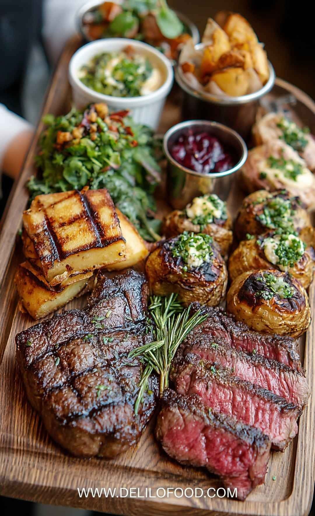 Perfectly cooked medium-rare steak served with crispy potatoes and rosemary for the Steak Temperature Guide.