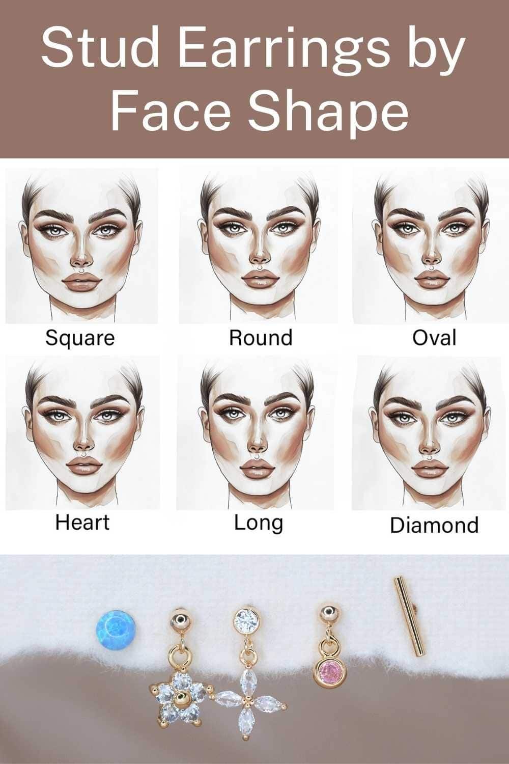 Stud Earrings by Face Shape — square, round, oval, heart, long, and diamond face types with matching stud earring styles