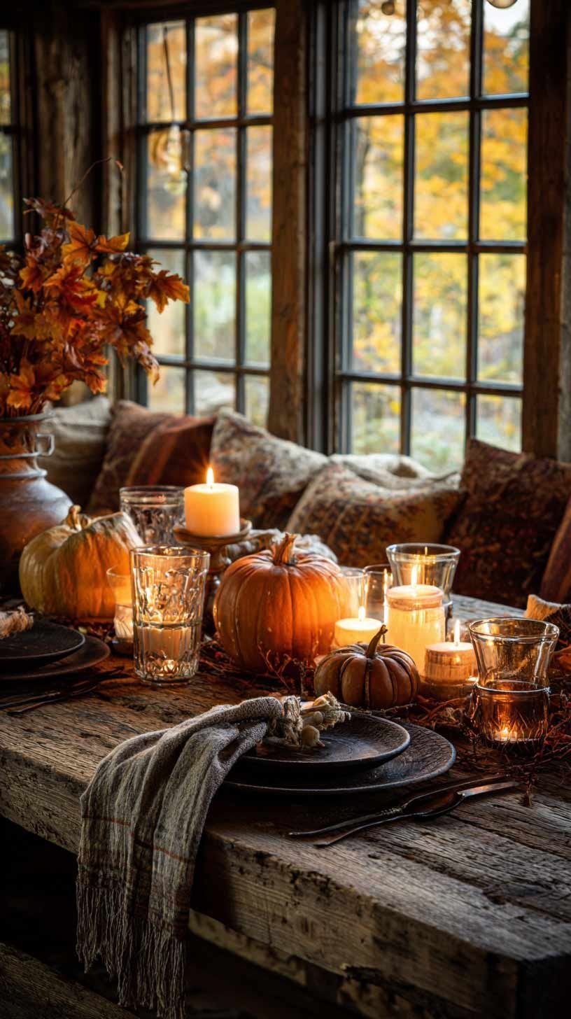 Cozy autumn dining table with pumpkins, candles, and rustic wood textures.
