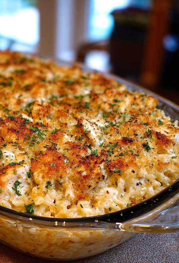 Baked chicken and rice casserole in a glass baking dish with creamy sauce, golden breadcrumb topping and fresh parsley