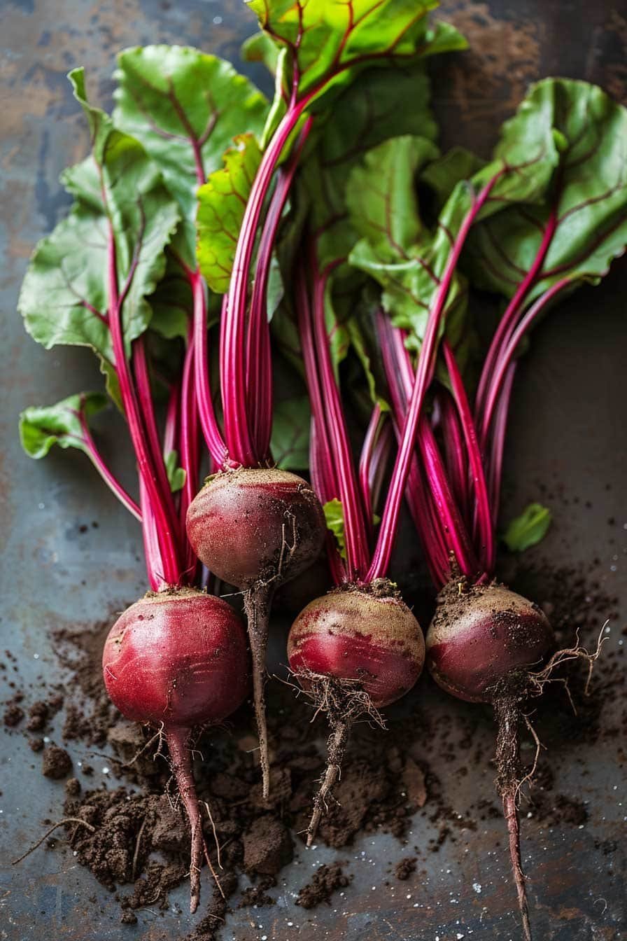 Freshly dug beets with red stems and soil-covered roots on garden bed