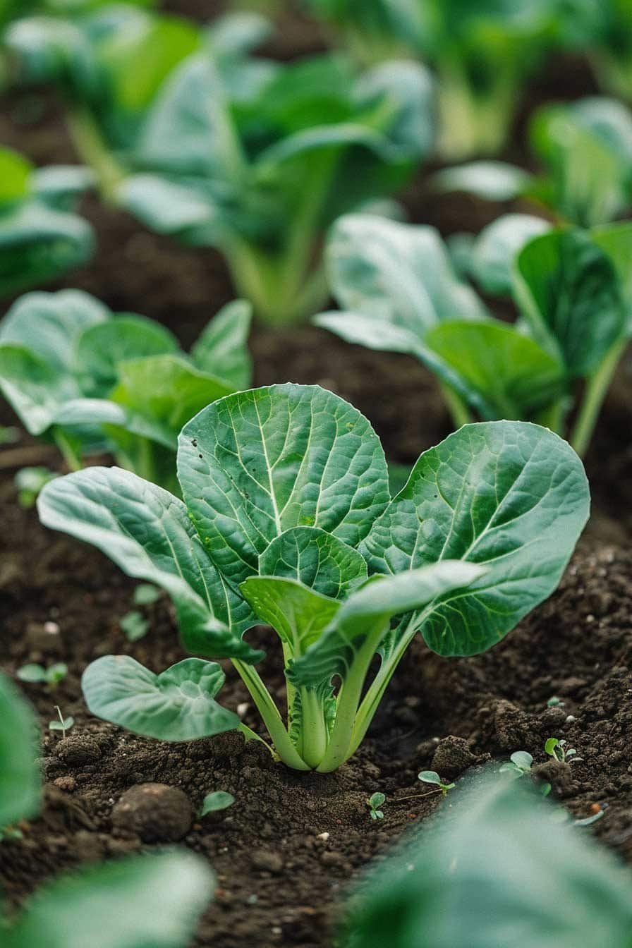Fresh bok choy plants growing in fertile soil with green glossy leaves