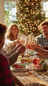 Bright cozy holiday dinner at home with friends raising glasses of sparkling drinks near a Christmas tree.
