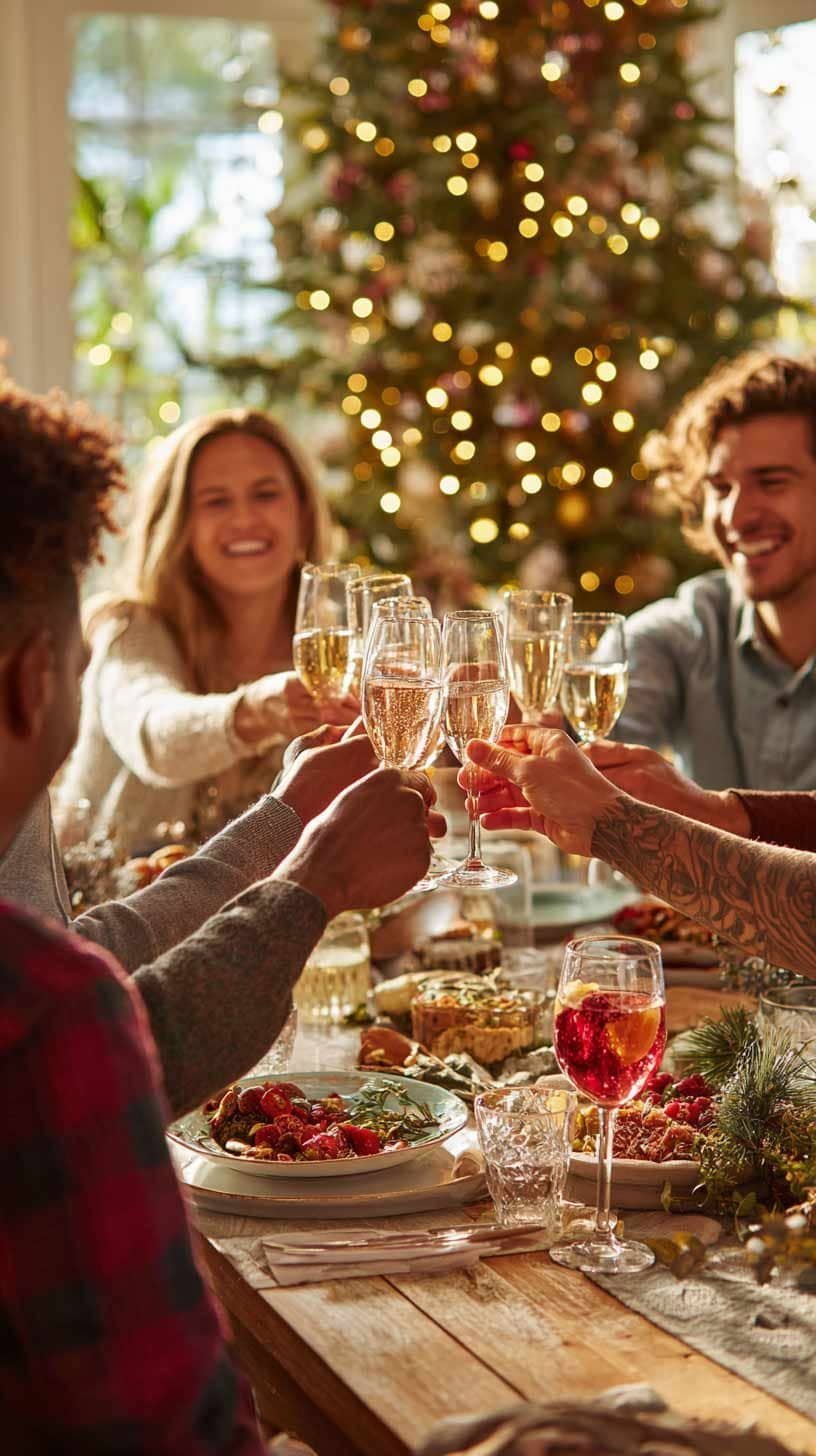 Bright cozy holiday dinner at home with friends raising glasses