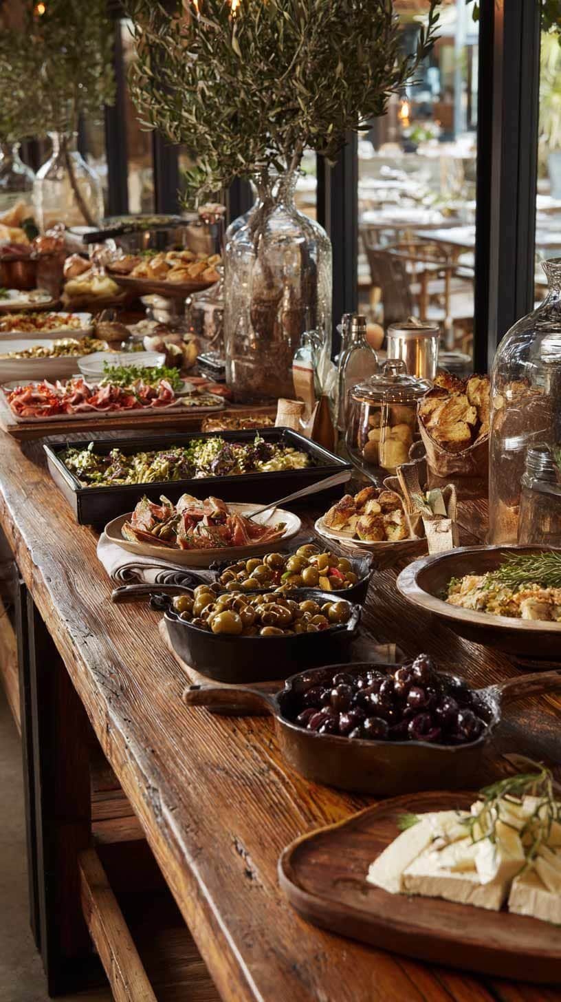 Buffet-style dining setup with assorted appetizers, olives, and wooden serving platters.