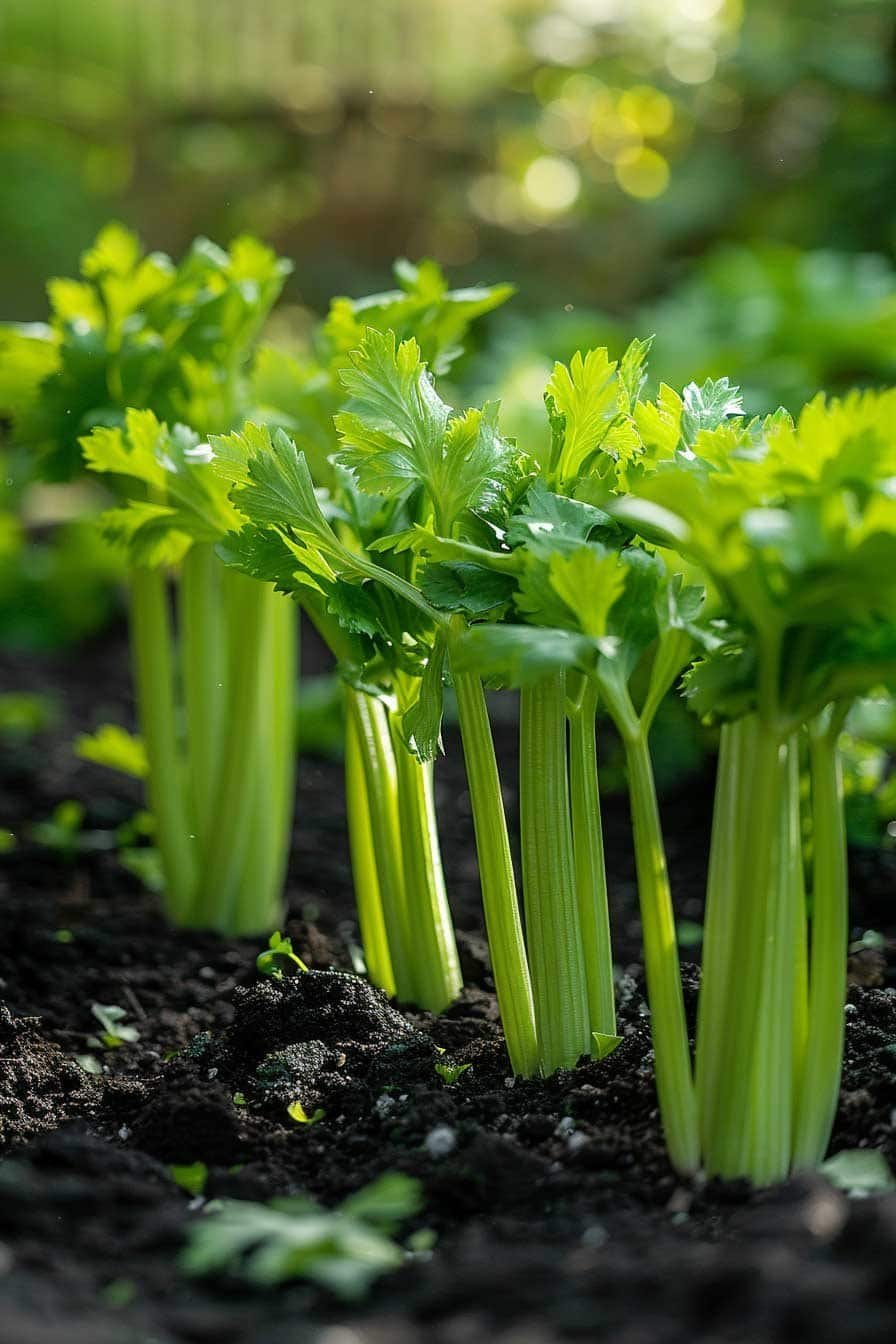 Bright green celery stalks growing closely together in a garden bed