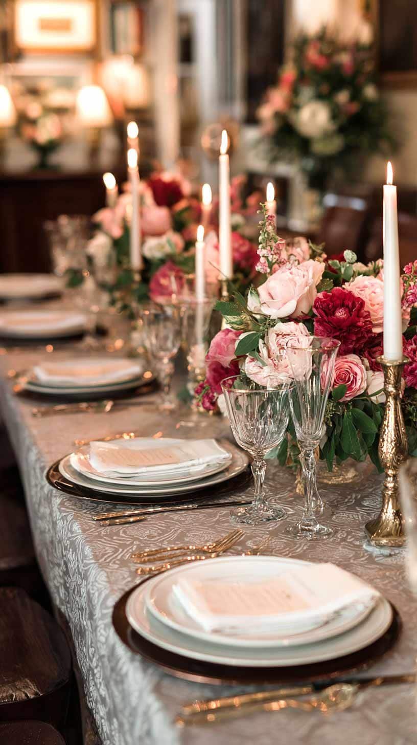 Coordinated tablescape with matching linens, candles, and floral arrangements.