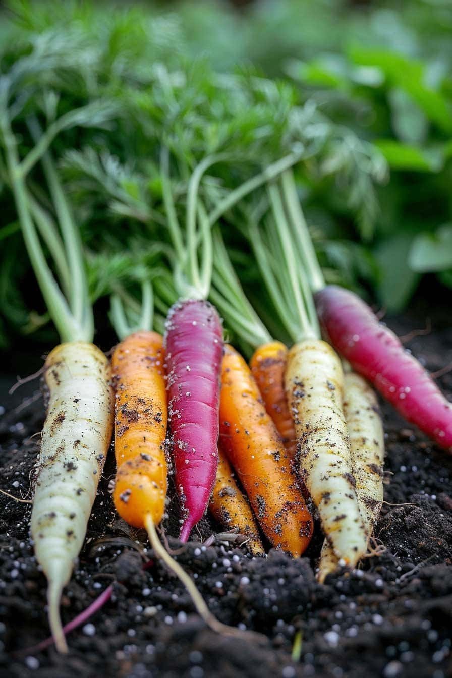 Colorful heirloom carrots freshly pulled from soil with leafy tops