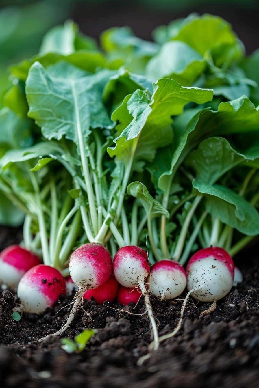 Red and white radishes freshly pulled from the soil with green leafy tops