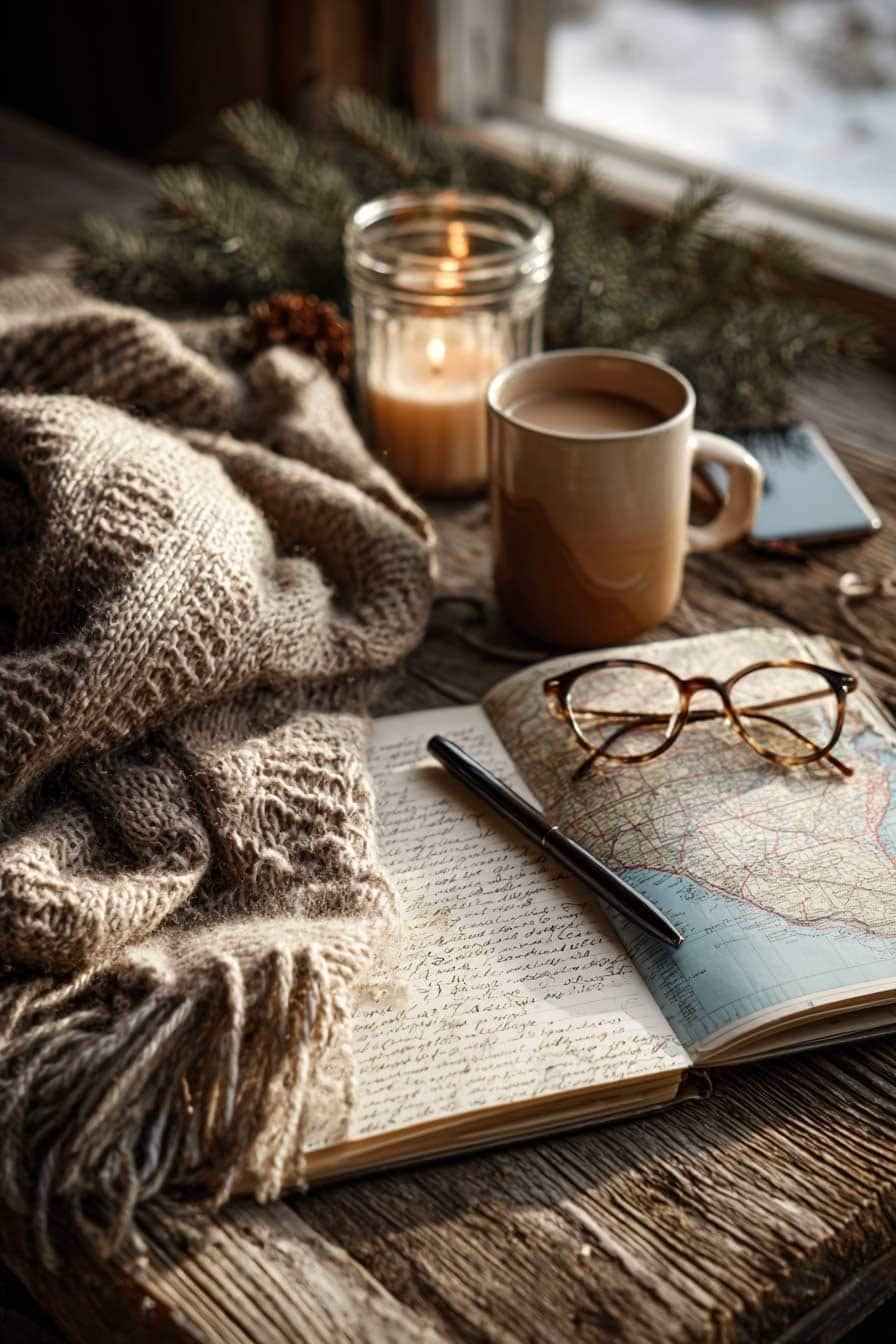 Open notebook, scarf, hot chocolate and map for winter travel planning