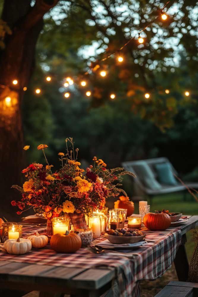 Outdoor dining setup with wooden table and candles for fall evenings