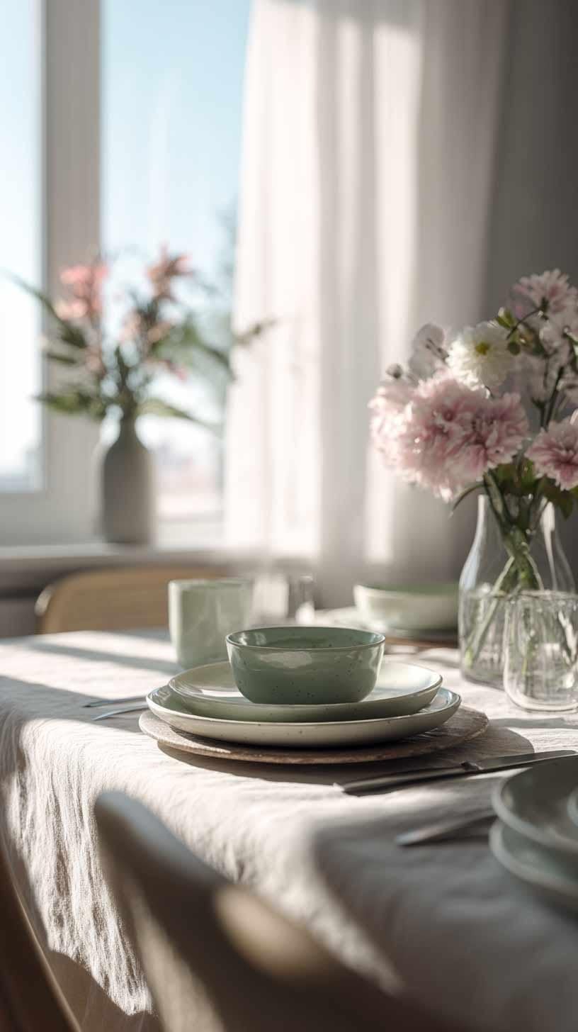 Minimalist dining table with pastel dishes and morning sunlight through soft curtains.
