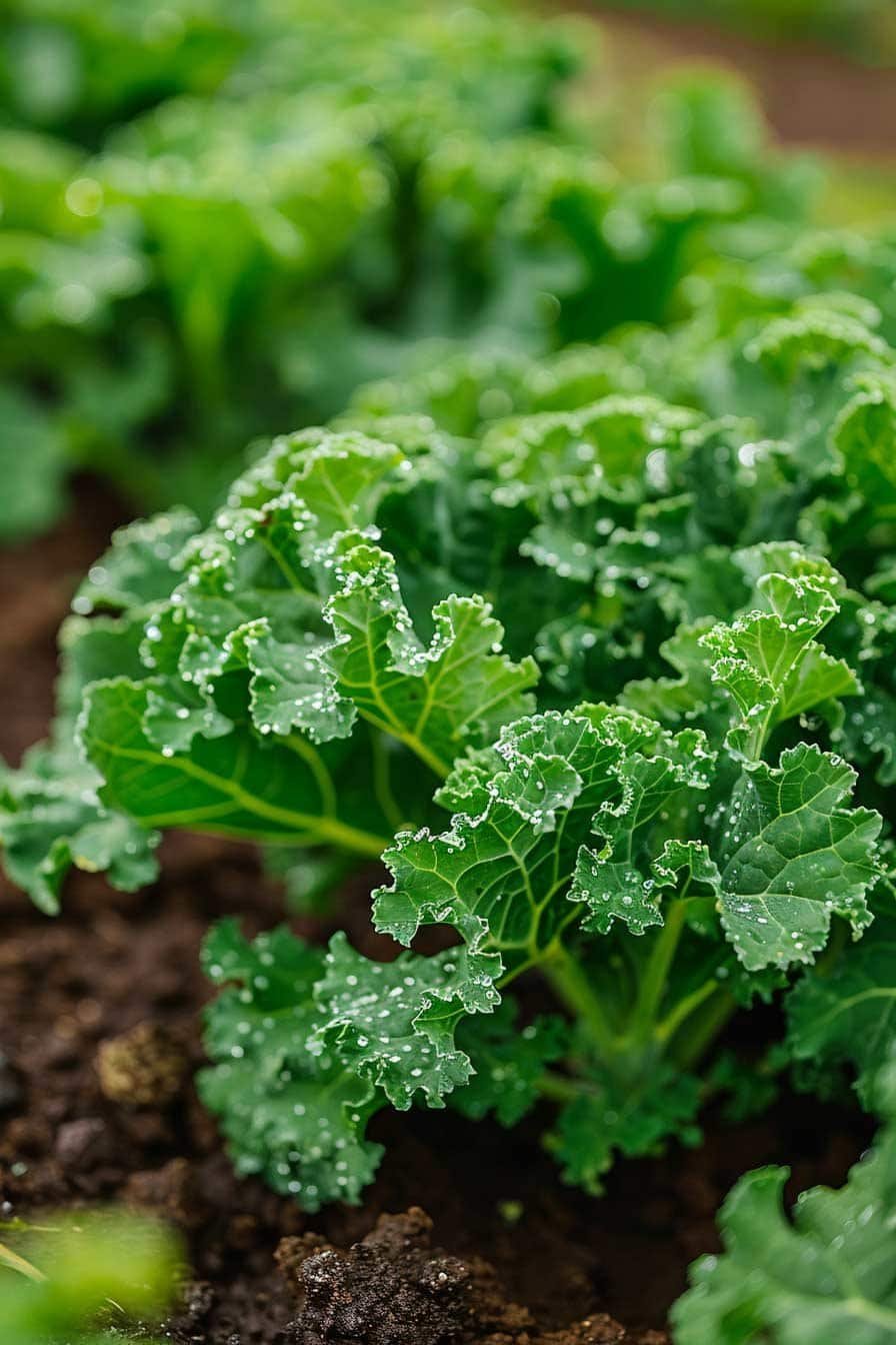 Curly kale leaves covered in morning dew growing in garden soil