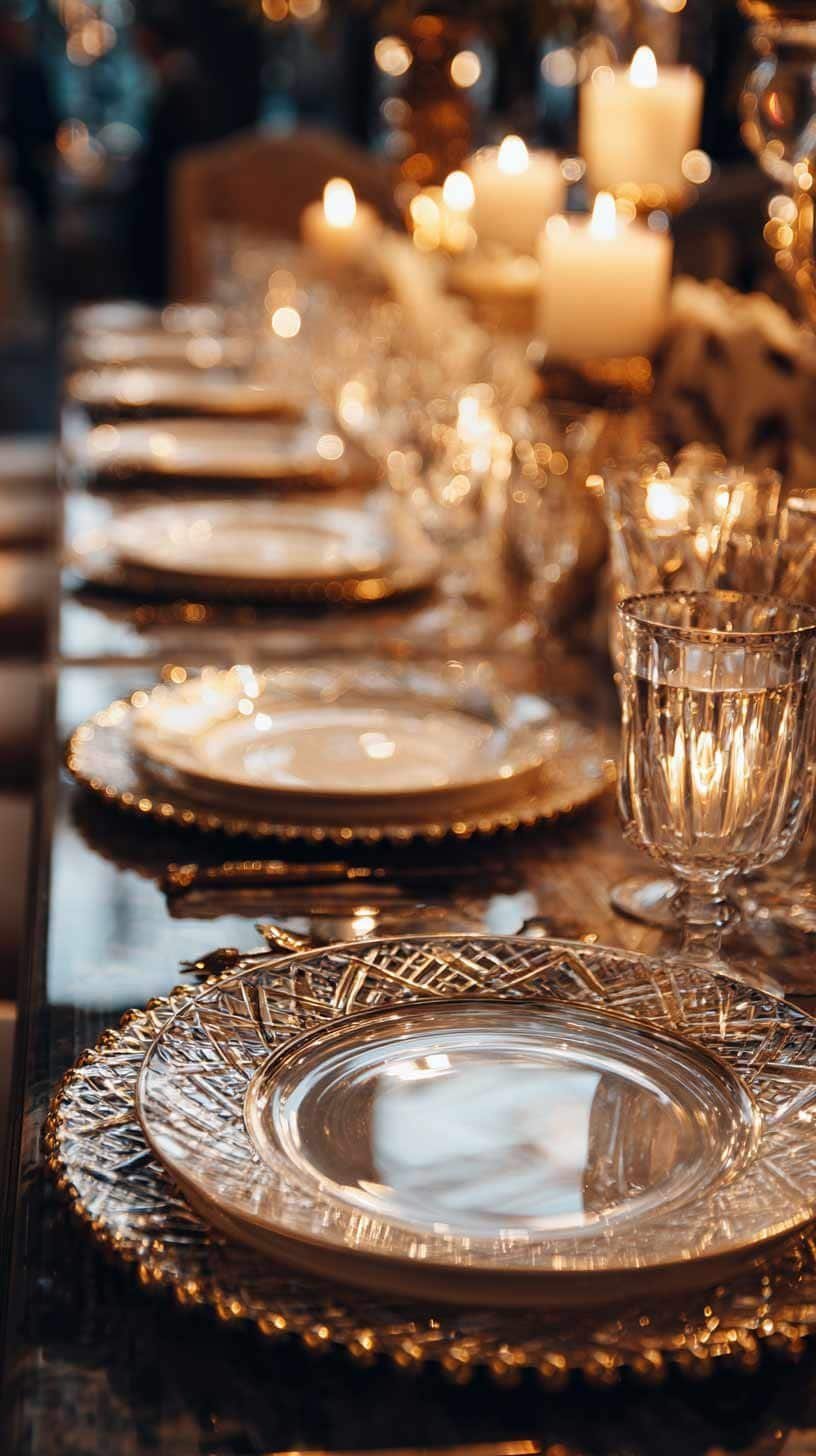 Luxurious gold-accented dining table with glassware and glowing candlelight.