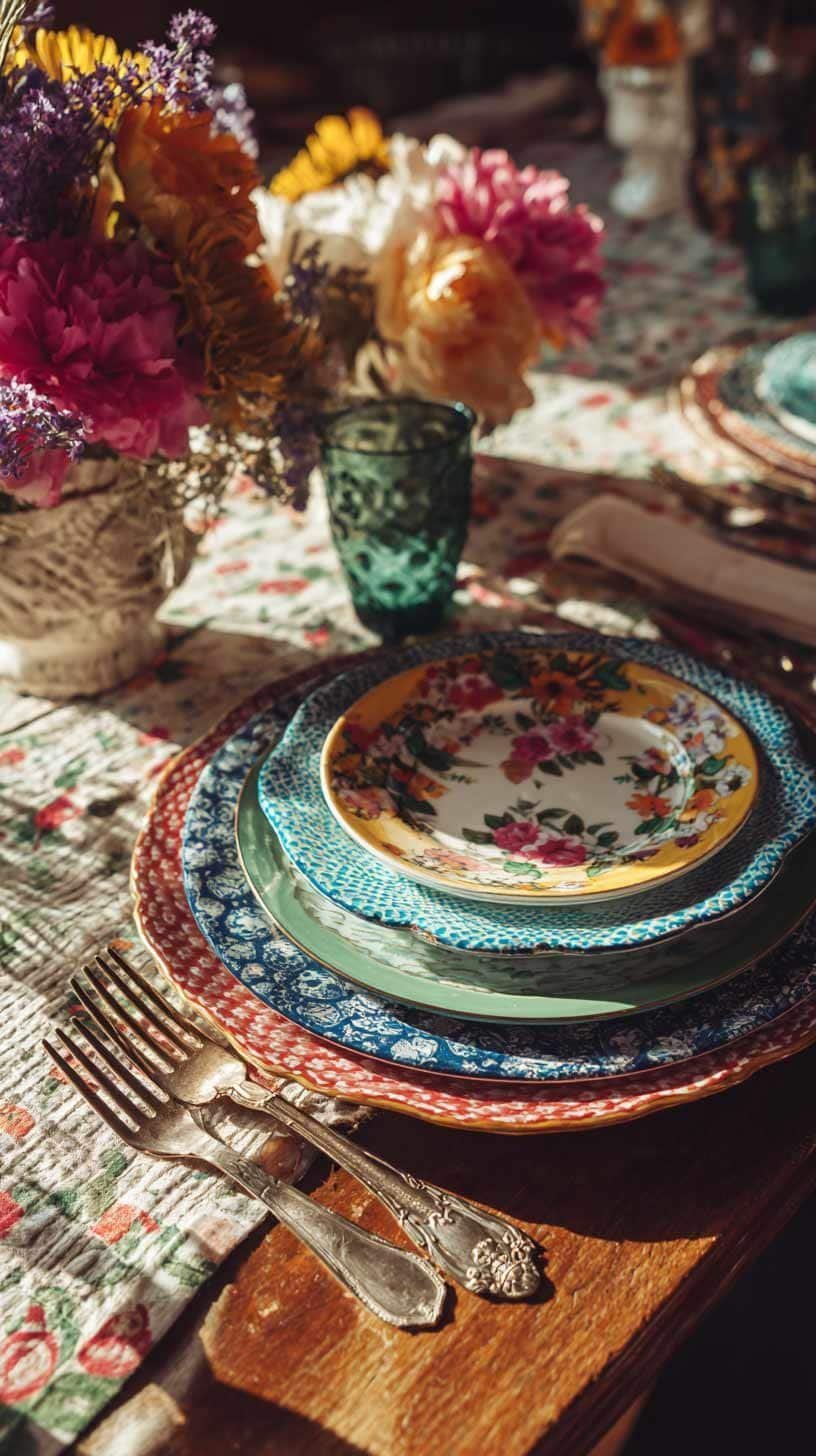 Eclectic table setting featuring colorful patterned plates and vibrant floral décor.