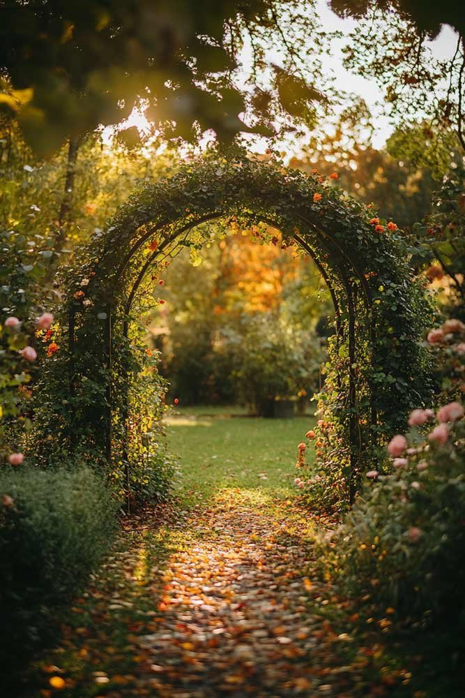 Elegant garden arch covered with ivy and flowers