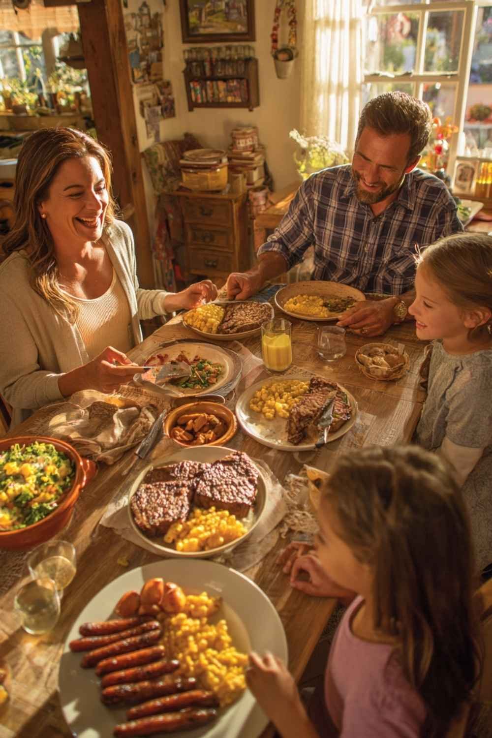 Warm family dinner with parents and children sharing laughter and homemade food around the table
