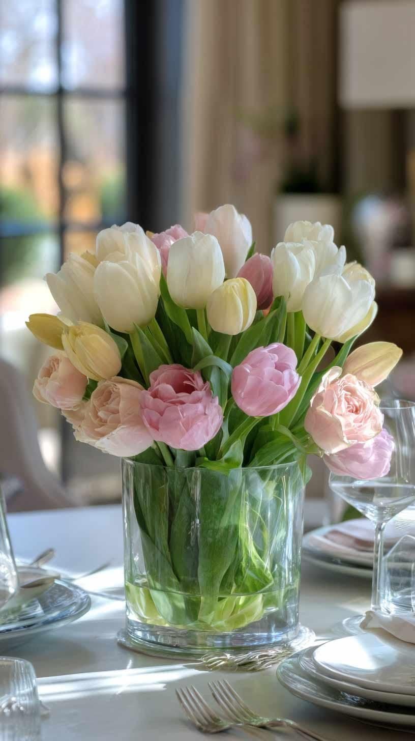 Fresh tulip flower arrangement in a glass vase on a bright dining table.