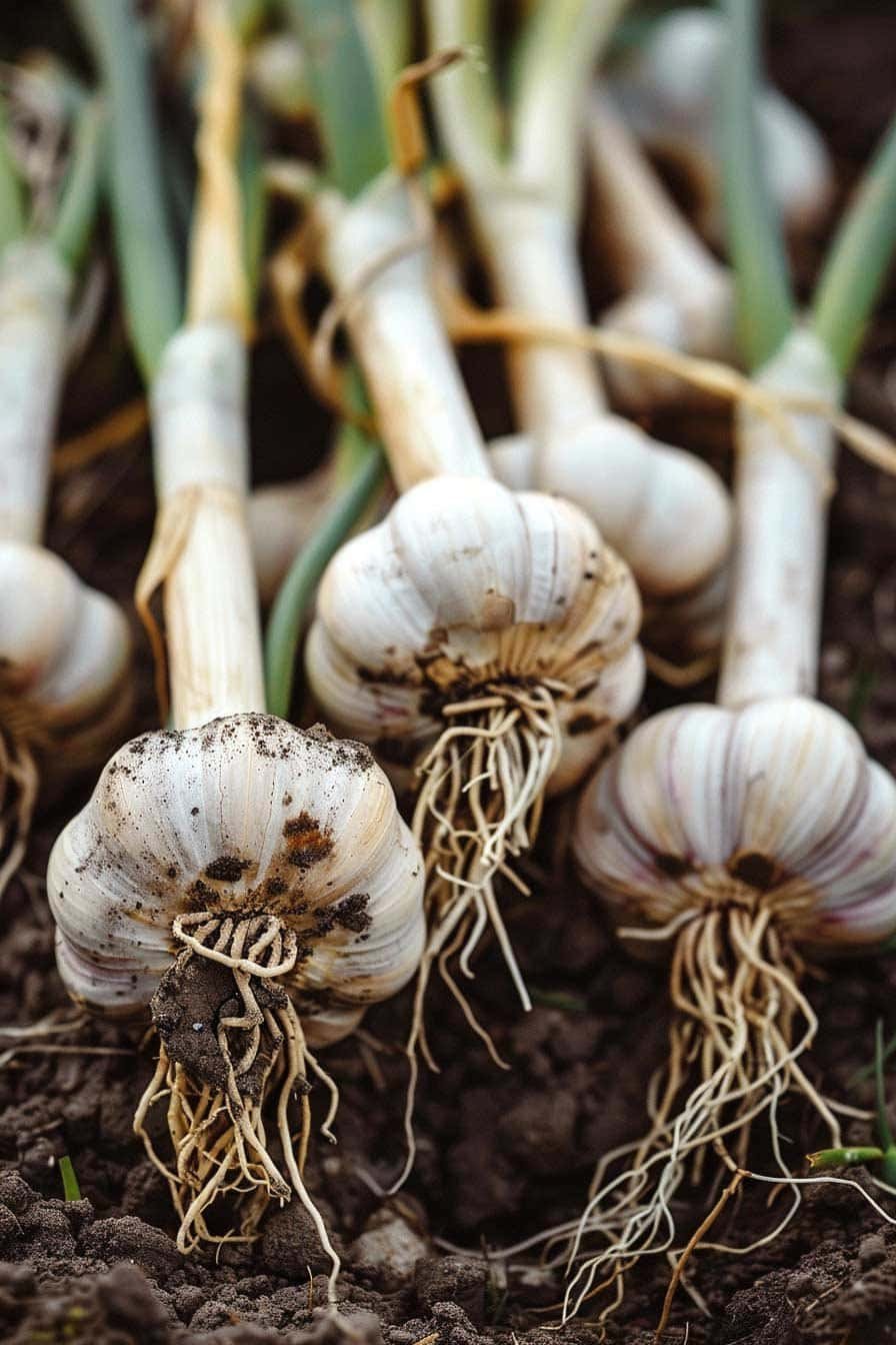 Freshly harvested garlic bulbs with roots and soil still attached