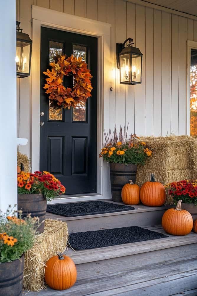 Front porch decorated with pumpkins hay bales and mums