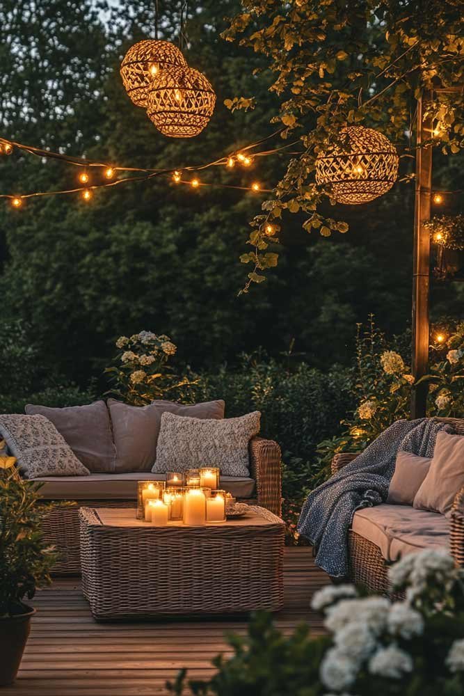 Garden lounge area at twilight with glowing string lights
