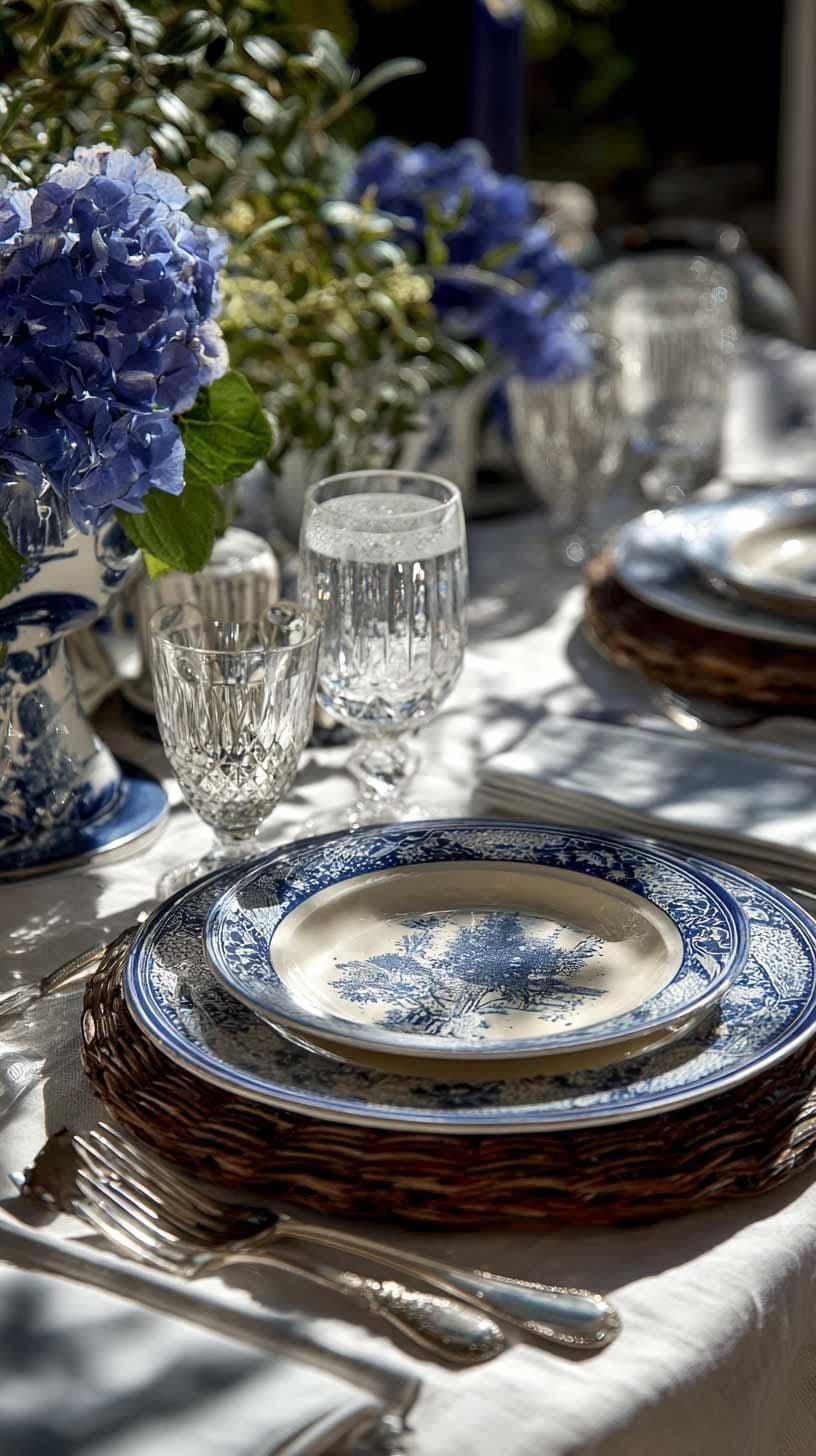 Simple elegant table with white linen tablecloth, soft lighting, and delicate flowers.