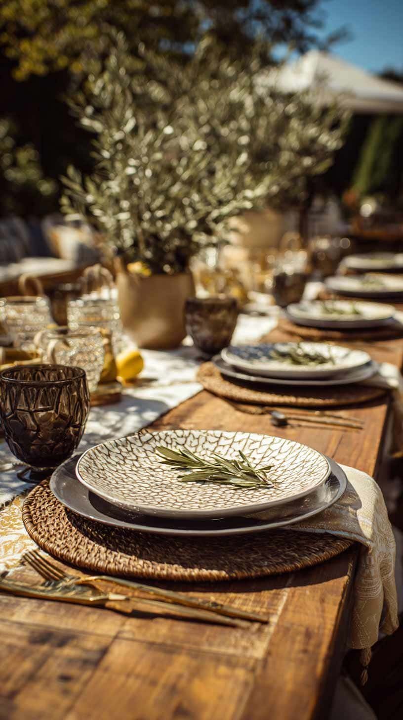 Outdoor rustic table with woven placemats, patterned plates, and natural greenery.