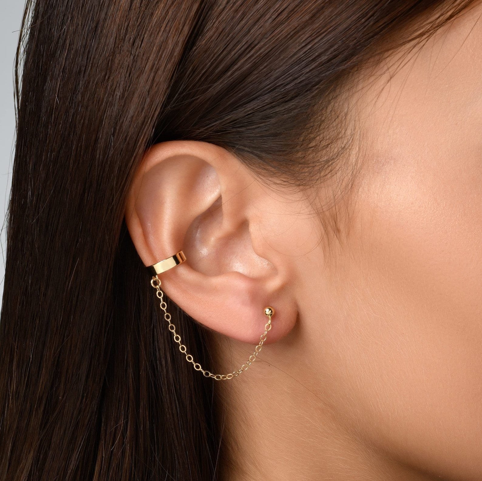 Gold linked chain cuff earring with stud — minimalist handmade jewelry gift for her