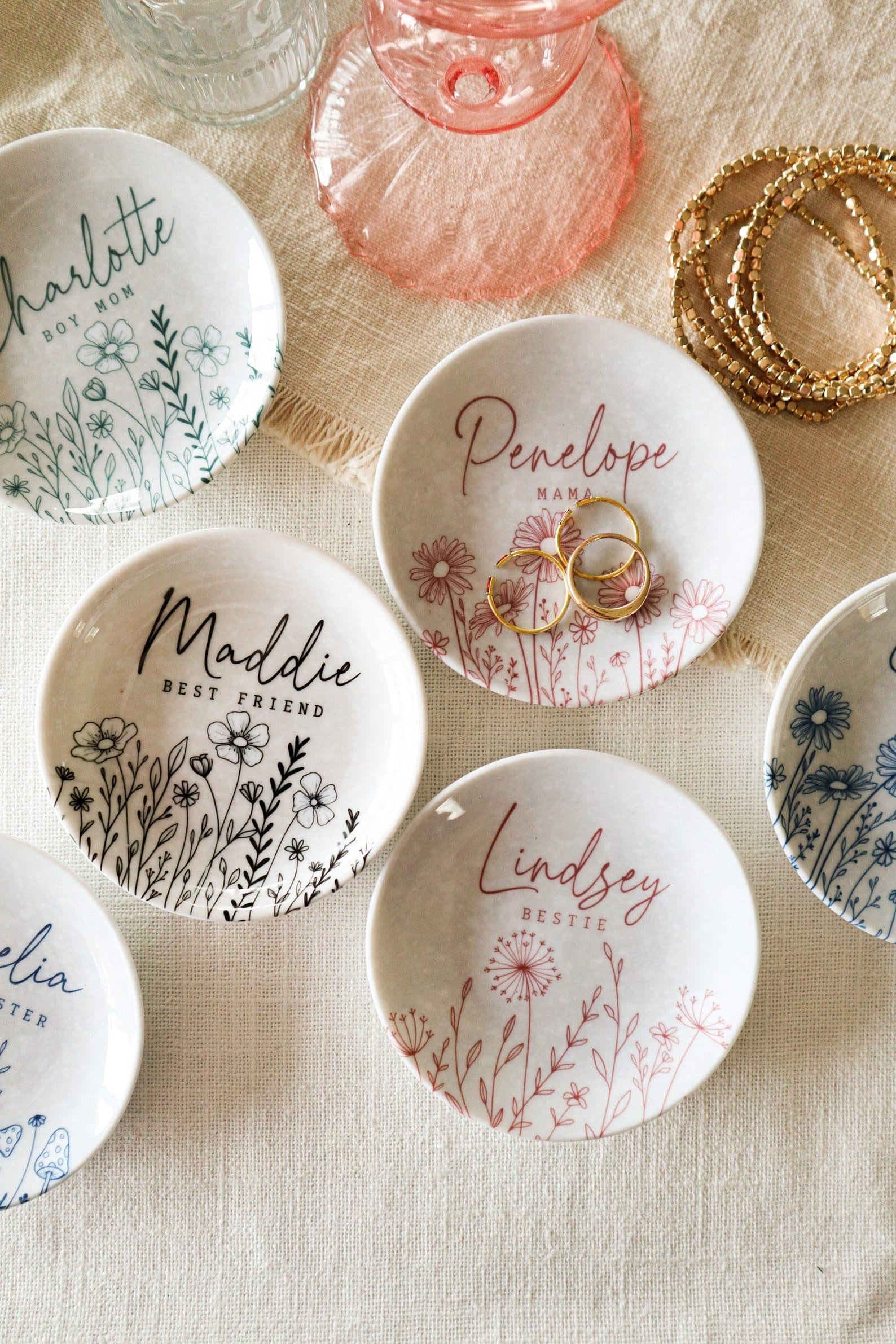 Personalized wildflower jewelry dish with floral design — unique gift for her
