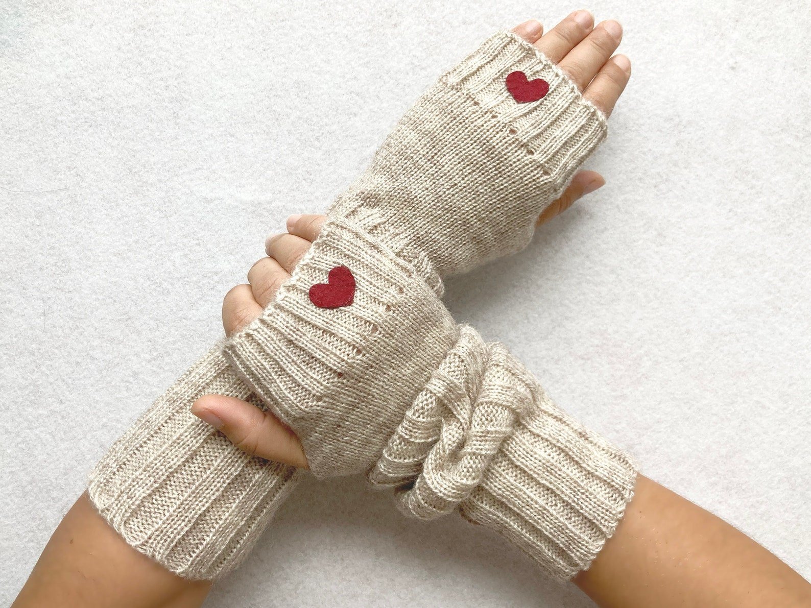 Handmade wool arm warmers with burgundy heart detail — cozy fall gift for her