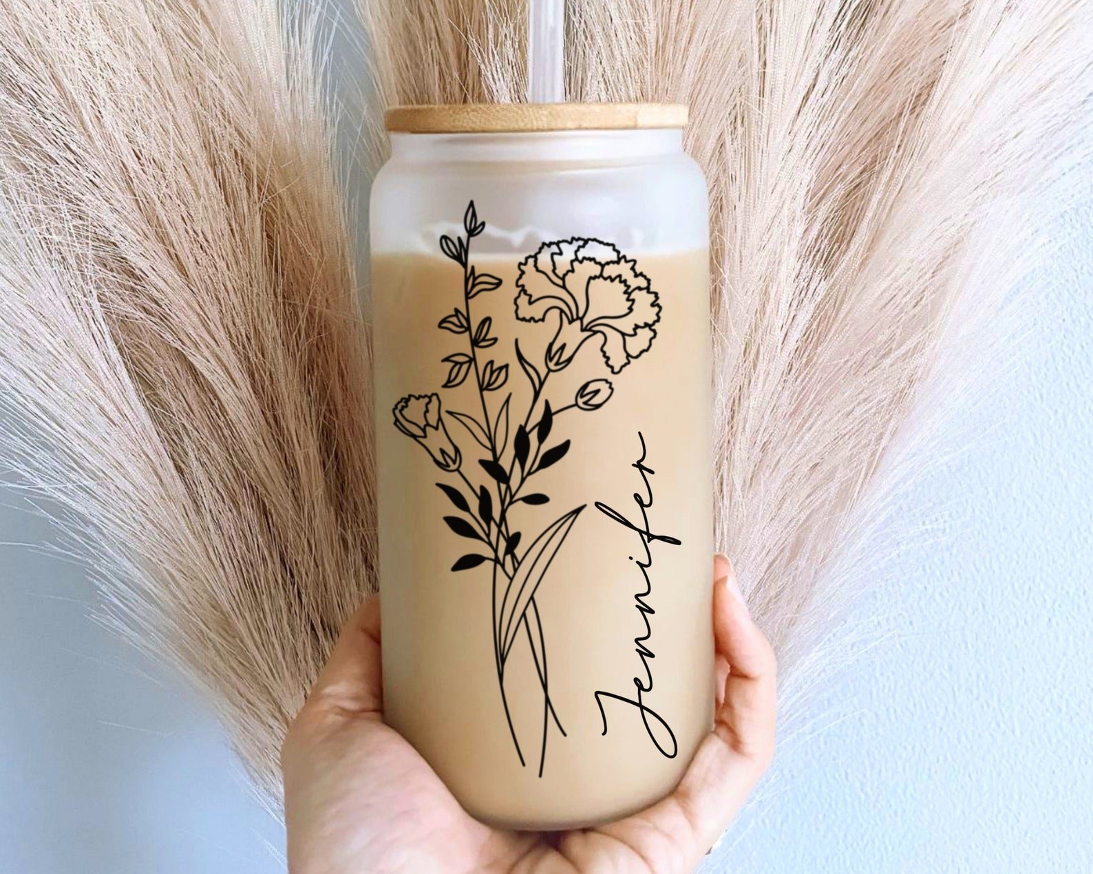 Personalized birth flower tumbler with custom engraving — elegant floral gift for her